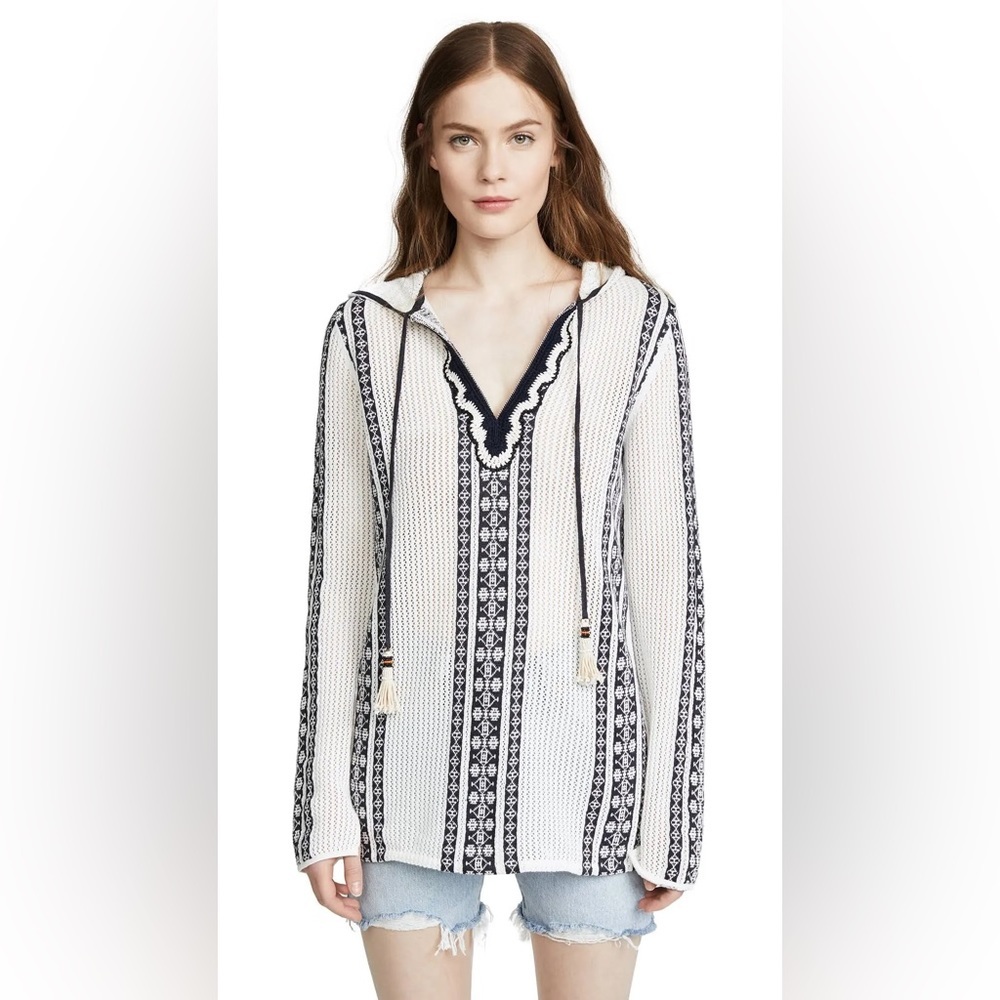 Tory Burch Ria Open-Knit Hooded Tunic Top